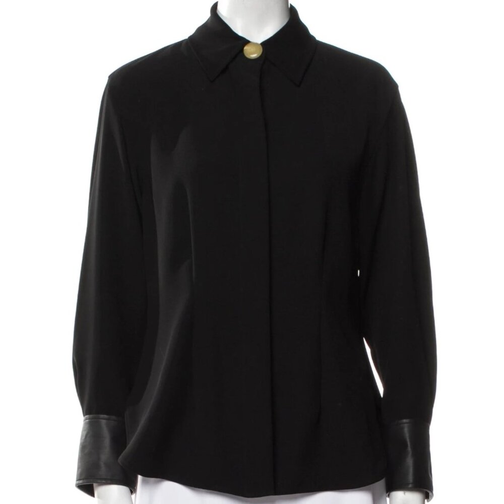 Vince Black Button-Down Blouse Faux Leather Cuffs Women’s XS